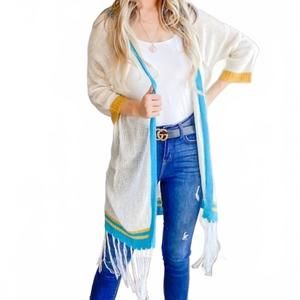 NEW AND THE WHY lightweight knit hoodie fringe cardigan in white